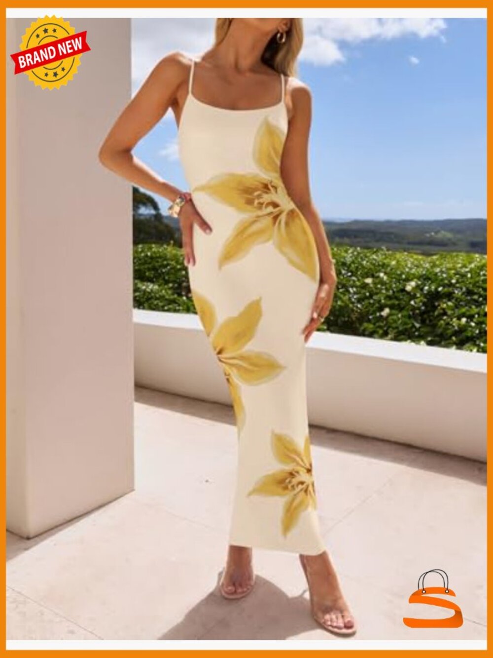 Women's Bodycon Maxi Dress Floral Spaghetti Strap Sleeveless Square Neck - Picture 5 of 7